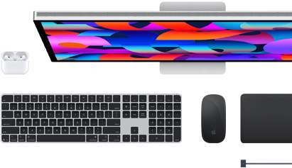 Mac accessories: Airpods, Studio Display, Magic Keyboard, Magic Mouse, Magic Trackpad, MagSafe charge cable in Space Black